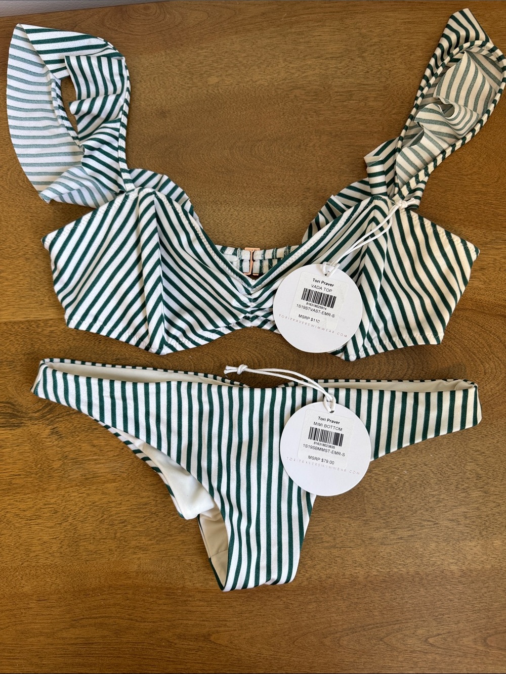 Tori Praver Emerald Green & White Striped Bikini Set Vada Top and Mimi Bottom S!